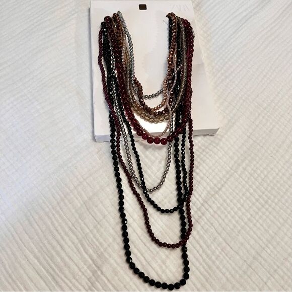 ZARA Long Burgundy Beaded Waterfall Necklace NWT 4736/038/606 - Picture 6 of 6